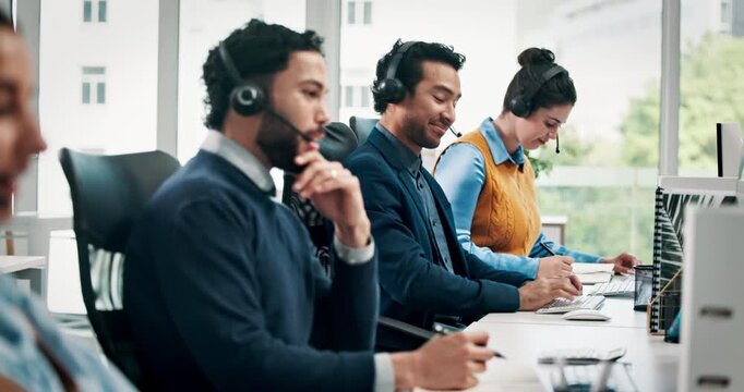 Computer, fist bump and advice with business people in call center for system integration or orientation. Training, thank you and hotline with employee team in customer service office for support - Powered by Adobe