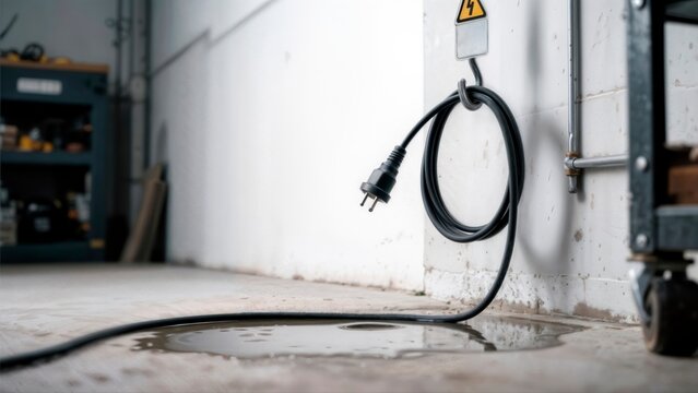Electrical power cord hanging into water puddle creating safety hazard.