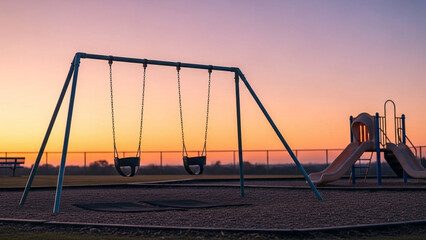 Empty children’s playground with a swing gently moving, soft sunset colors, peaceful but symbolic tone.