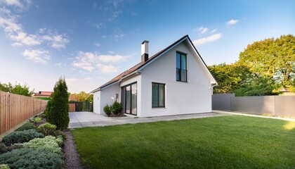 minimalist suburban house clean white facade small front garden natural daylight enhancing simplicity