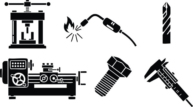 Industrial tools and mechanical equipment vector set in black silhouette style