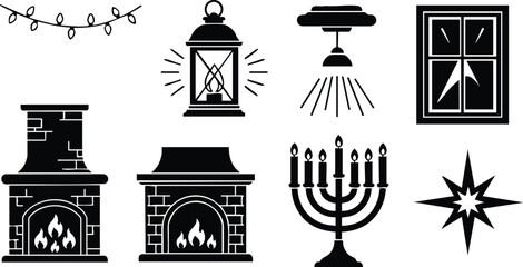 Fototapeta premium Fireplace lantern window menorah star and holiday lights icons vector design