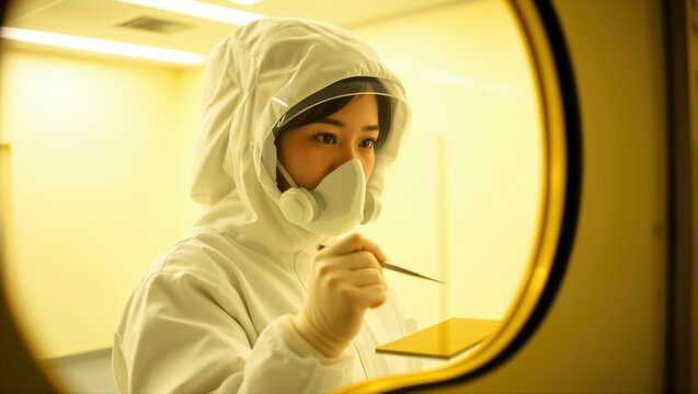 Scientist in cleanroom suit inspects component under yellow laboratory lighting.