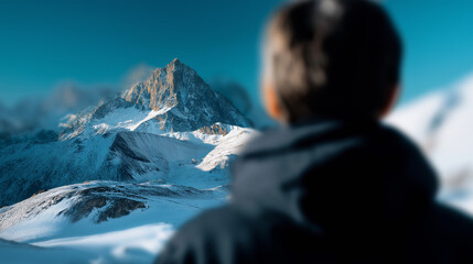 Anonymous person's silhouette with defocused body and crystal clear snowy mountain environment visible in background, with copy space
