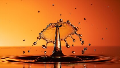 droplet collision macro photography water crowns formation liquid splash dynamics transparent spherical drops gradient orange background high speed capture
