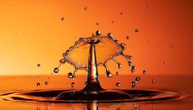 droplet collision macro photography water crowns formation liquid splash dynamics transparent spherical drops gradient orange background high speed capture