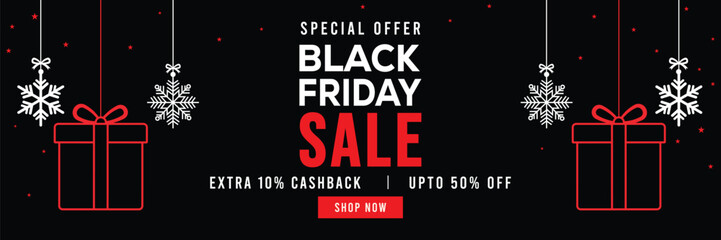 Festive Black Friday sale banner with hanging snowflakes and gift boxes, bold red and white typography on black background, special offer, extra cashback and discounts, modern holiday promotion design