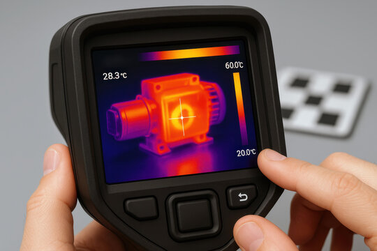 Thermal imaging camera screen displaying heat map of electric motor inspection.
