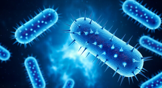 Microscopic blue bacteria or virus cells in a biological and scientific environment