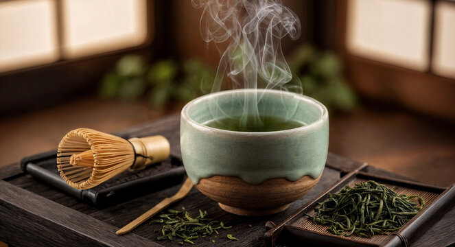 A steaming cup of green tea with a whisk and leaves on a wood tray in a cozy setting, suitable for mindfulness content, tea culture blogs, and serene ritual visuals.
