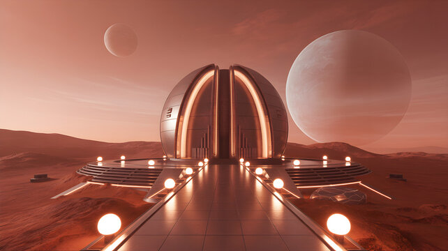 Futuristic building on a red planet with large planets in the sky.