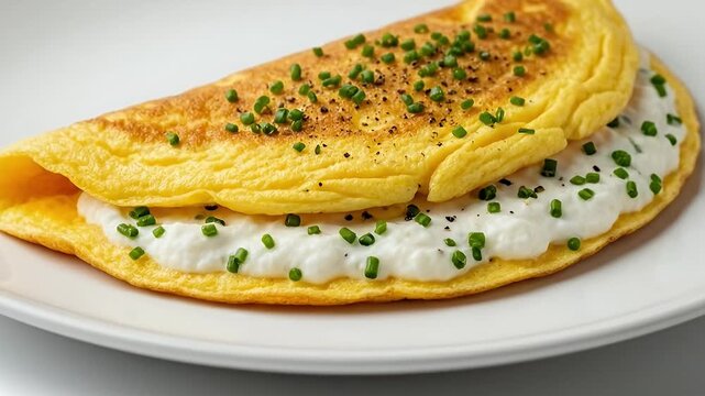 A perfectly cooked golden omelette, generously filled with a creamy white cheese blend, is beautifully garnished with vibrant green chives and a sprinkle of black pepper. Served on a pristine white pl