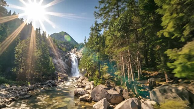 a waterfall flowing down rocky cliffs, surrounded by lush green trees and a clear river. This vibrant waterfall complements the serene landscape under