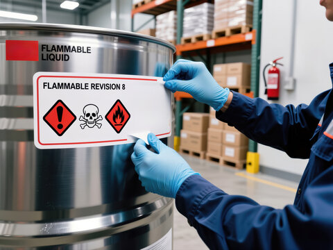 Worker in gloves applies a flammable liquid warning label to a chemical drum.