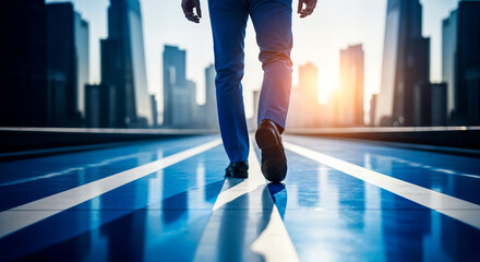 Person walking on a futuristic blue path towards a modern city skyline at sunset