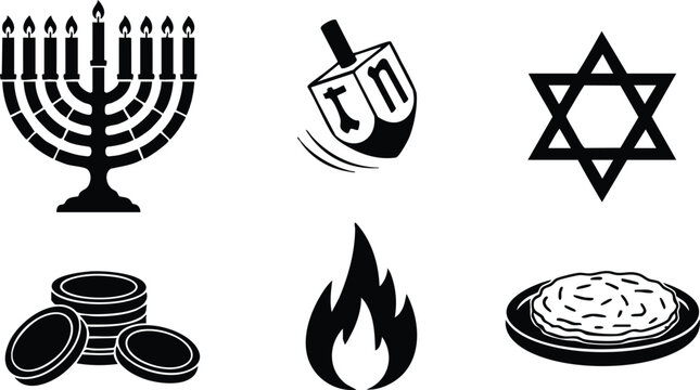 Hanukkah symbols vector set with menorah dreidel star fire coins and latke