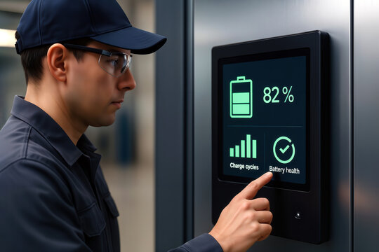 Technician checking battery health status on industrial digital touchscreen panel.