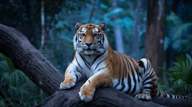 Tiger resting on a tree branch with forest background portrait.