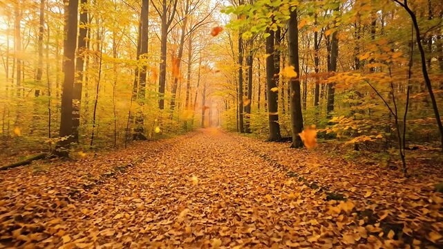A picturesque path winds through a vibrant autumn forest, completely carpeted with golden and amber fallen leaves. Sunlight gently filters through the tall trees, illuminating the scene with a warm gl