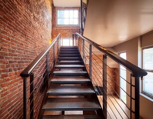 minimalist loft staircase with industrial touch steel steps exposed brick wall warm natural light filling space