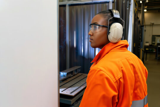 Industrial worker in safety gear monitors production line in manufacturing plant.