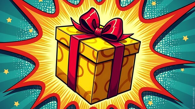 Vibrant comic style gift box with a red bow exploding with excitement