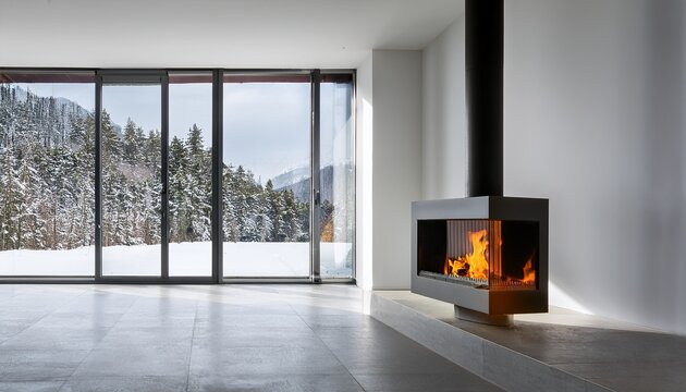 realistic photo of a minimalist living space with fireplace clean white wall polished gray stone floor large window with view of snowy landscape outside warm firelight contrasting natural cold lig - Powered by Adobe