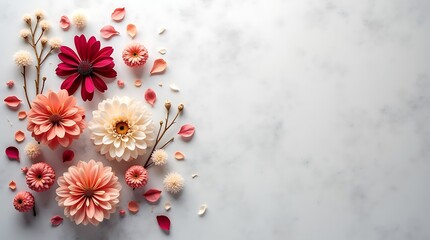 Beautiful arrangement of colorful dahlia flowers and petals on a textured background