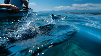 Partial view of person's silhouette with clear focused pristine water revealing fish and playful marine mammals, with copy space