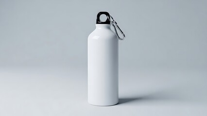 White metal reusable water bottle with carabiner hook for drinks