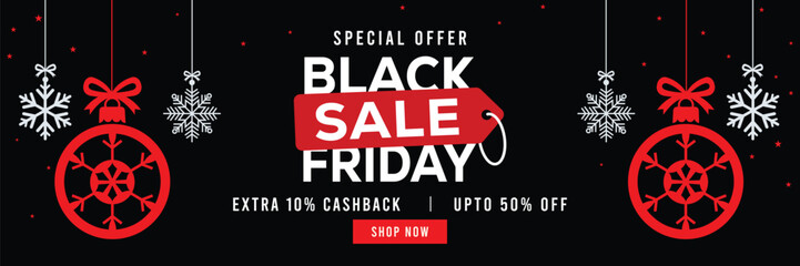Festive Black Friday sale banner with hanging snowflakes and gift boxes, bold red and white typography on black background, special offer, extra cashback and discounts, modern holiday promotion design