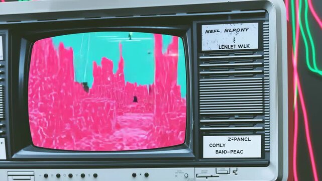 Retro TV displaying abstract video art with vibrant pink and teal colors. Close-up angle emphasizes the vintage aesthetic and screen details. Live desktop wallpaper.
