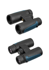 Dual perspective of compact black binoculars.