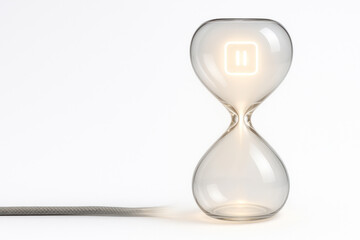 Glass hourglass with backlight and pause icon. Space for text.