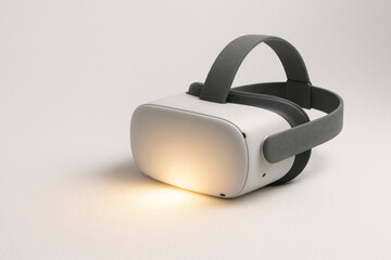 A modern VR headset with a soft glowing effect on the table. Space for text.