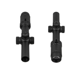 Two views of a black tactical rifle scope isolated on a white back