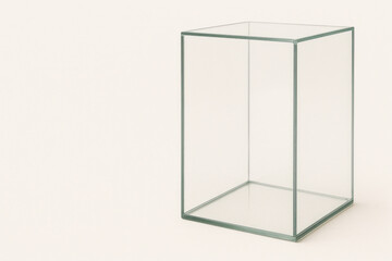 An empty glass cube on a light background. Space for text.