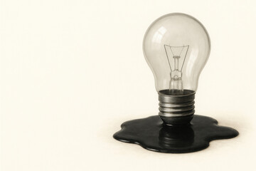 A light bulb on a black spreading liquid. Space for text.