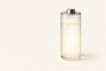 Transparent battery filled with luminous liquid light. Space for text.