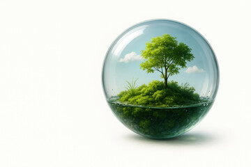 A tree in a glass ball with a miniature island. Space for text.