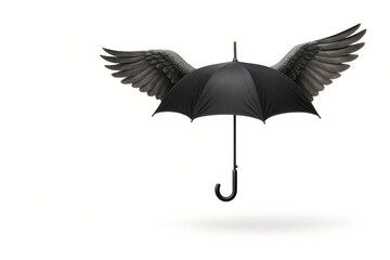 A black umbrella with wings, floating in the air. Space for text.