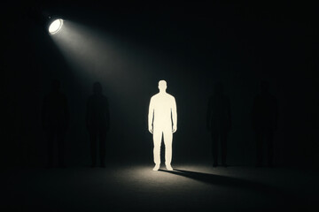 The figure of a man in bright light among dark silhouettes.