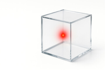 A transparent glass cube with a bright red dot inside. Space for text.