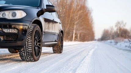 Black car with winter tires on snowy road. Winter driving safety concept for vehicle advertising and seasonal travel.
