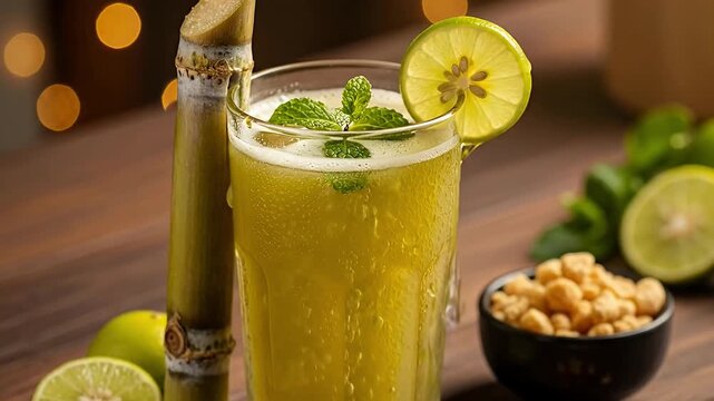 A vibrant, close-up shot captures a refreshing, cold drink, likely a natural sugarcane juice, served in a condensation-beaded glass. It's artfully garnished with a fresh lime slice and crisp mint leav
