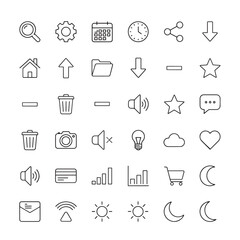 Fototapeta premium Diverse set of essential outline icons for user interface design, representing common functions and elements in modern web and mobile applications for a sleek digital experience