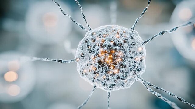 Intricate Neural Network: a mesmerizing close-up of a single neuron, the nerve cell, its delicate tendrils reaching out against a backdrop of ethereal spheres.
