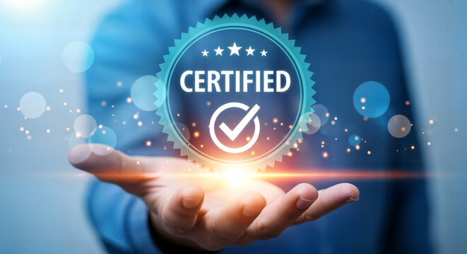 Professional holding a glowing certified badge, symbolizing quality and excellence in business
