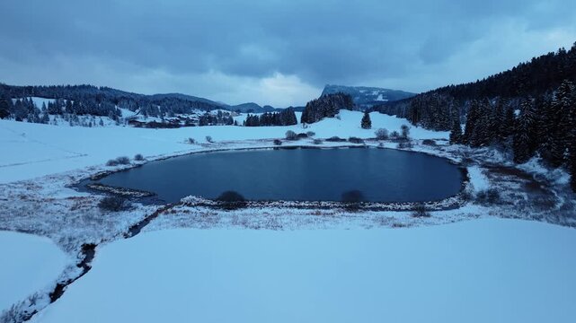 Aerial view of the tranquil Lake Ter reflecting the cloudy sky contrasting with the snow-covered landscape and coniferous trees, Le Lieu, Vaud, Switzerland.