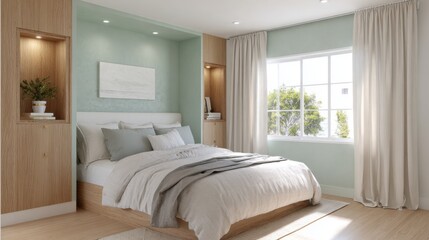 Fototapeta premium bright eclectic bedroom full view, mint green plaster wall, oak niche with bottom light, neutral bedding, soft linen curtains, warm sunlight feel